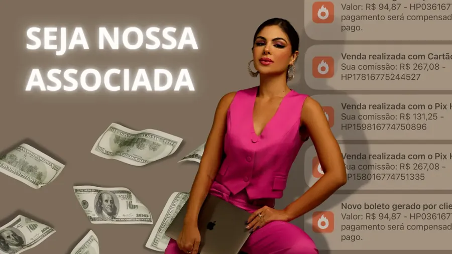 Capa da aula Seja nossa associada: Catarina de colete rosa ao lado de avisos de comissão
