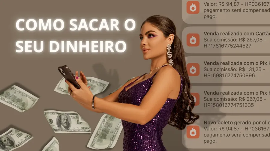 Capa da aula Como sacar o seu dinheiro: Catarina de vestido roxo com o celular na mão