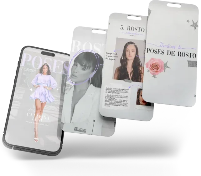 Celulares com o Livro de Poses aberto: a capa e as páginas de poses de rosto