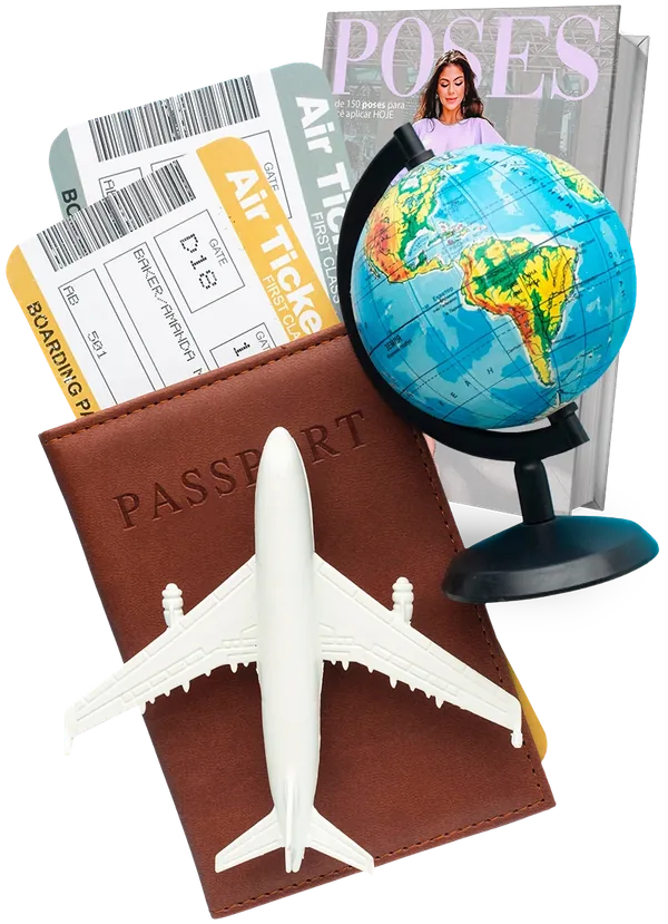 Revista Poses, passaporte, bilhetes de embarque, globo e avião de brinquedo