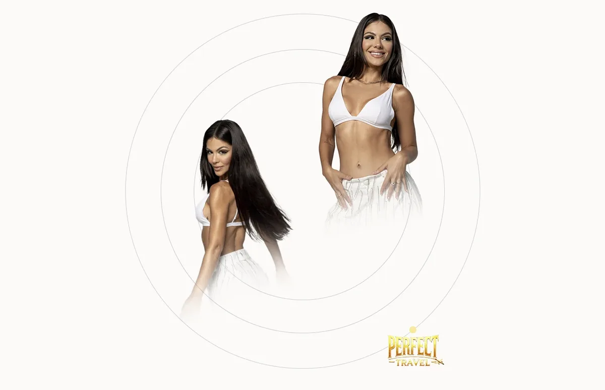 Catarina Leal em duas poses de estúdio, de top branco, com círculos ao fundo e a marca Perfect Travel