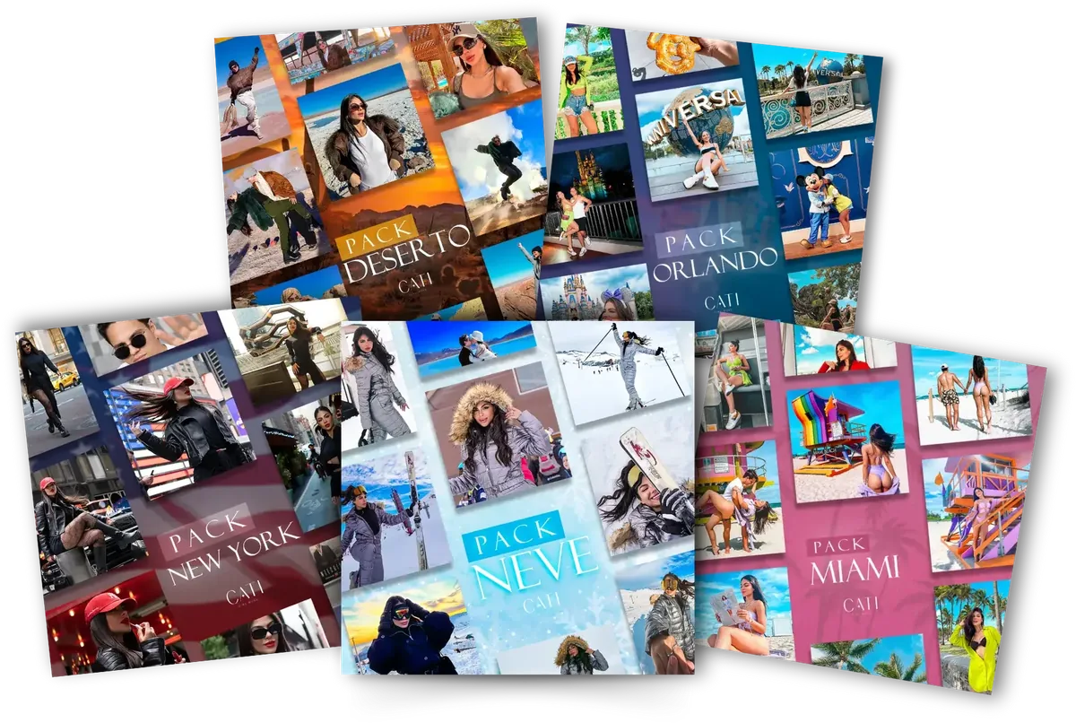 Capas dos cinco packs de presets: Deserto, Orlando, Nova York, Neve e Miami, cada uma com fotos de viagem