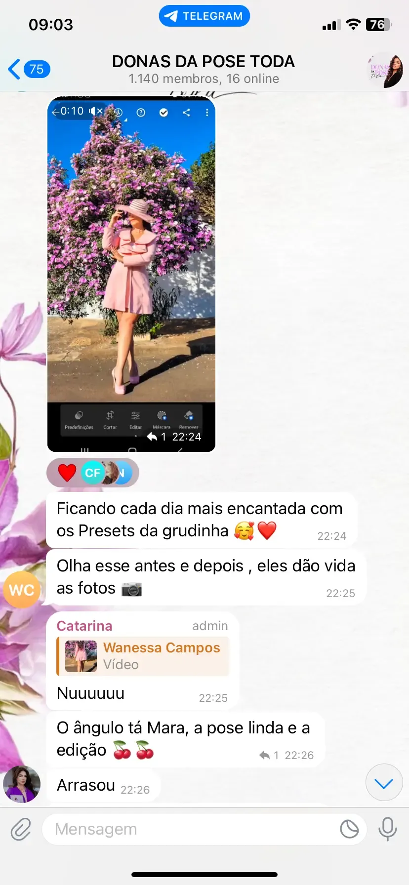 Print do grupo: aluna diz estar cada dia mais encantada com os presets e que eles dão vida às fotos