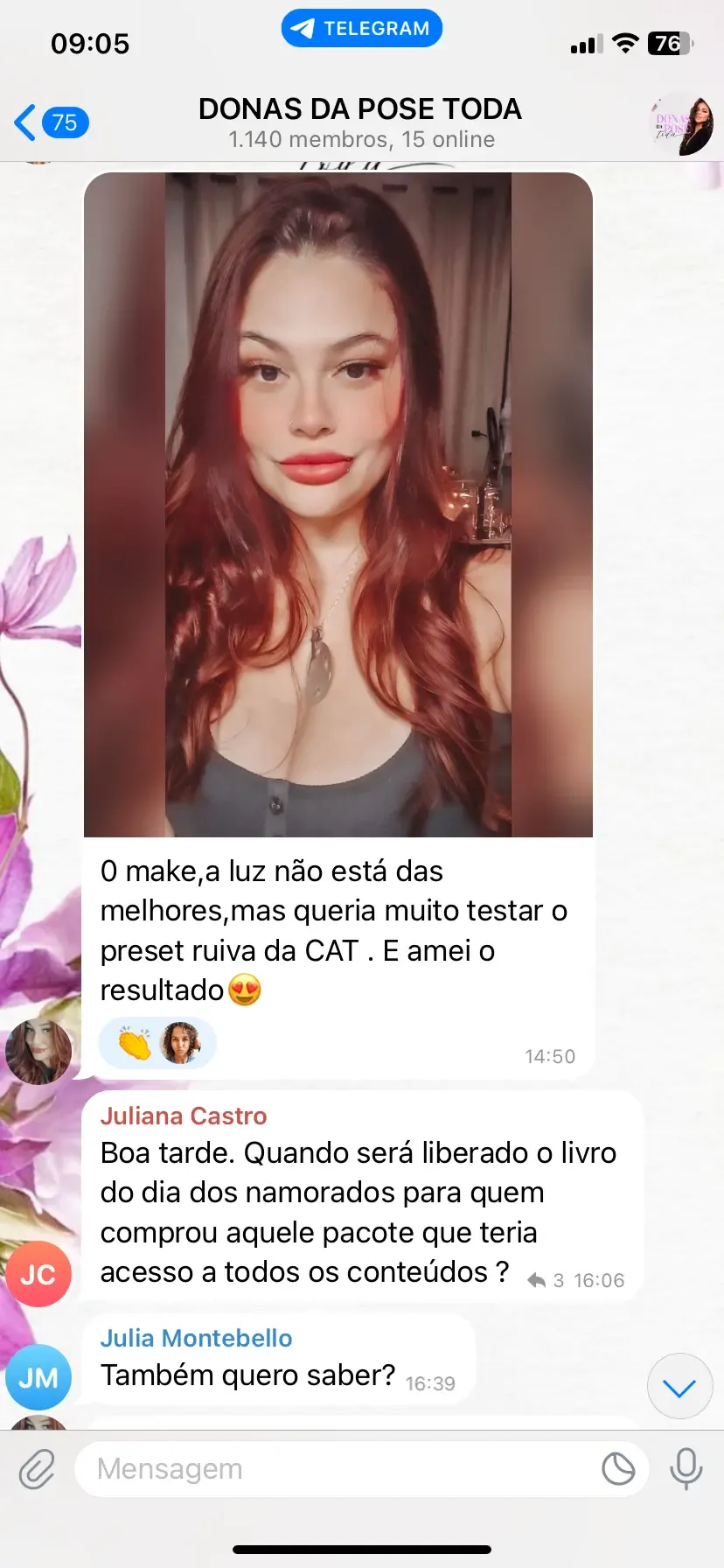 Print do grupo: aluna testa o preset ruiva da Cat numa selfie e diz que amou o resultado