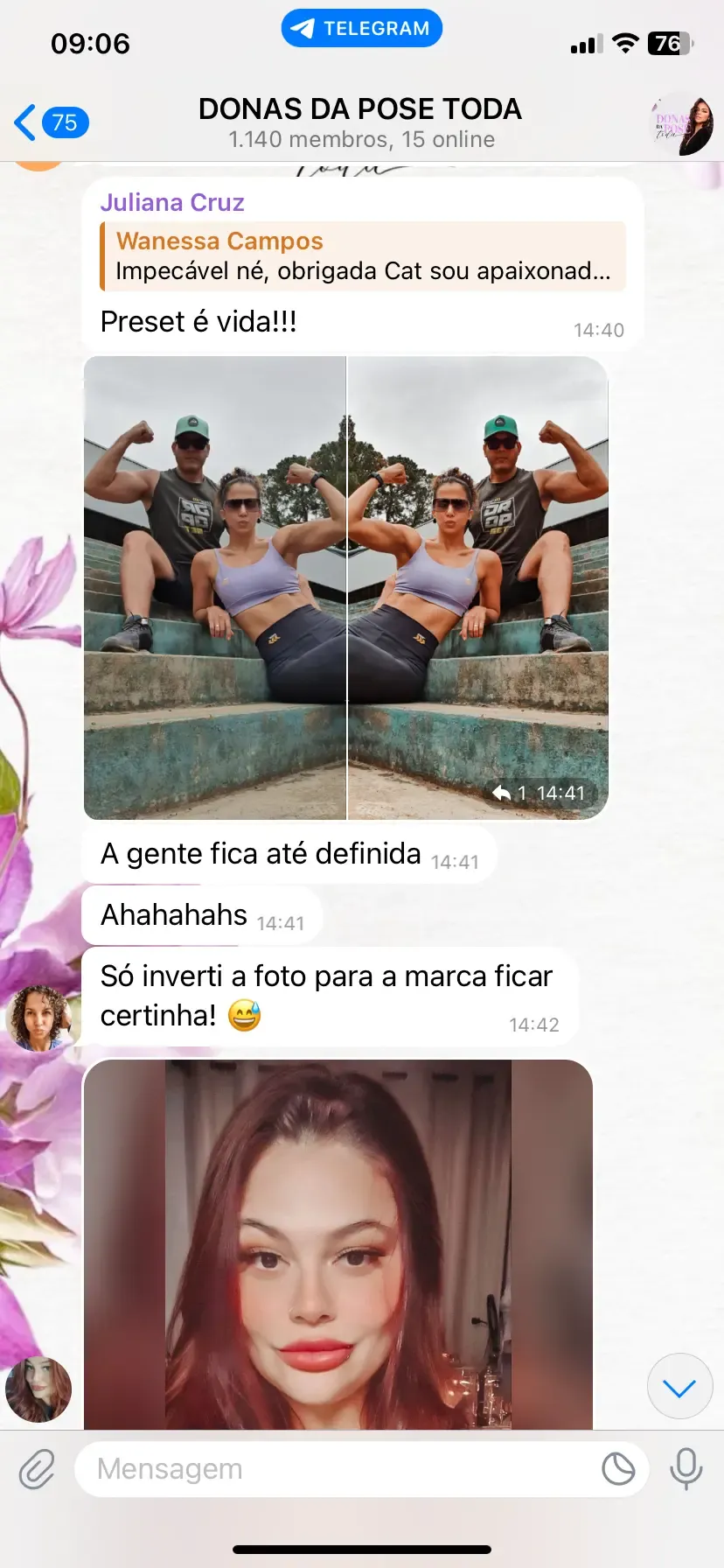 Print do grupo: aluna escreve que preset é vida e mostra fotos com o marido