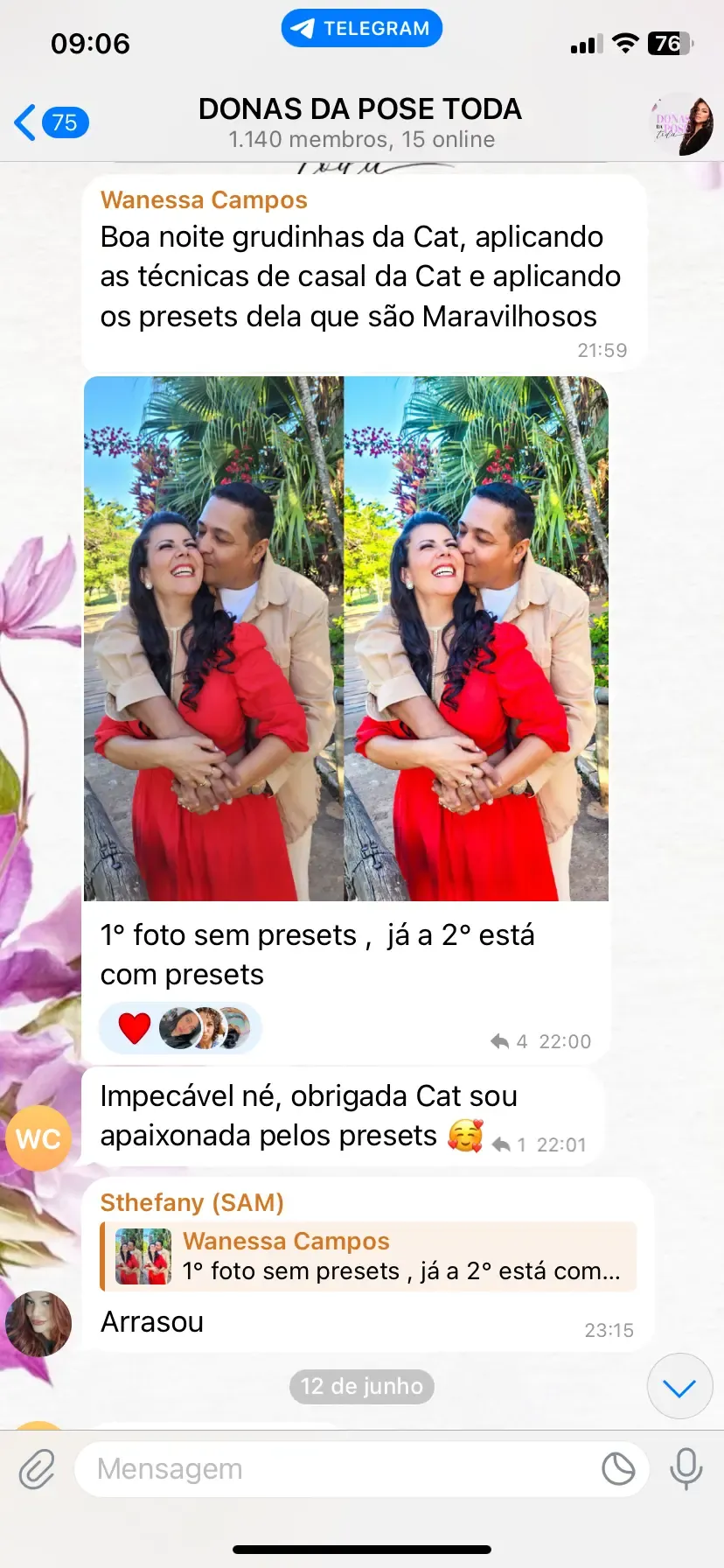 Print do grupo: aluna mostra foto de casal sem preset e com preset e diz que é apaixonada pelos presets