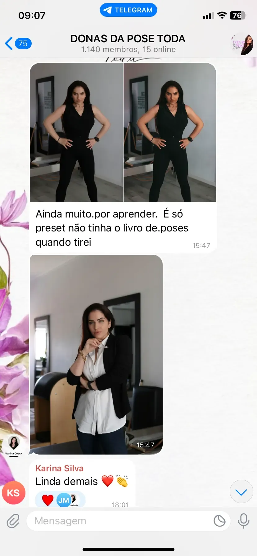Print do grupo: aluna mostra fotos feitas só com o preset, antes de ter o Livro de Poses