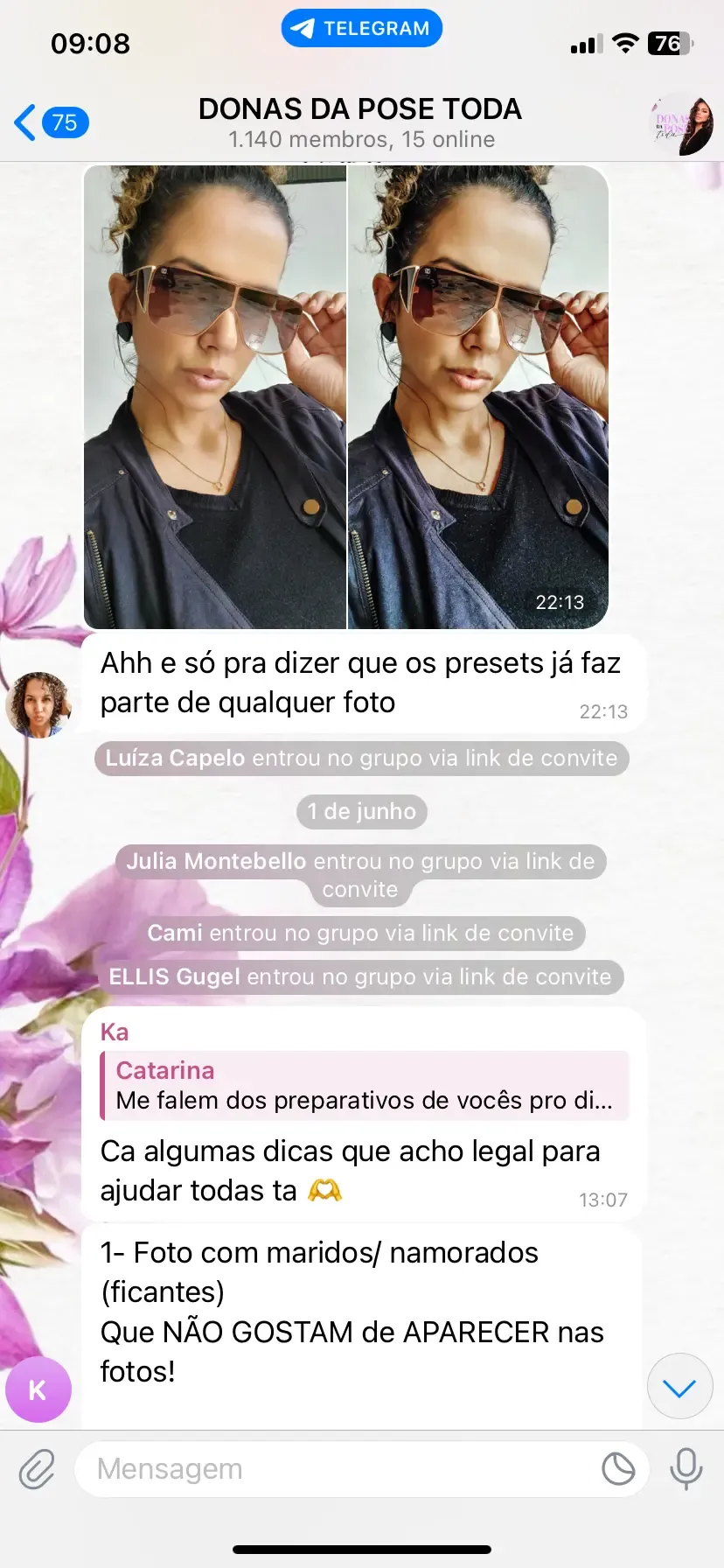 Print do grupo: aluna diz que os presets já fazem parte de qualquer foto dela