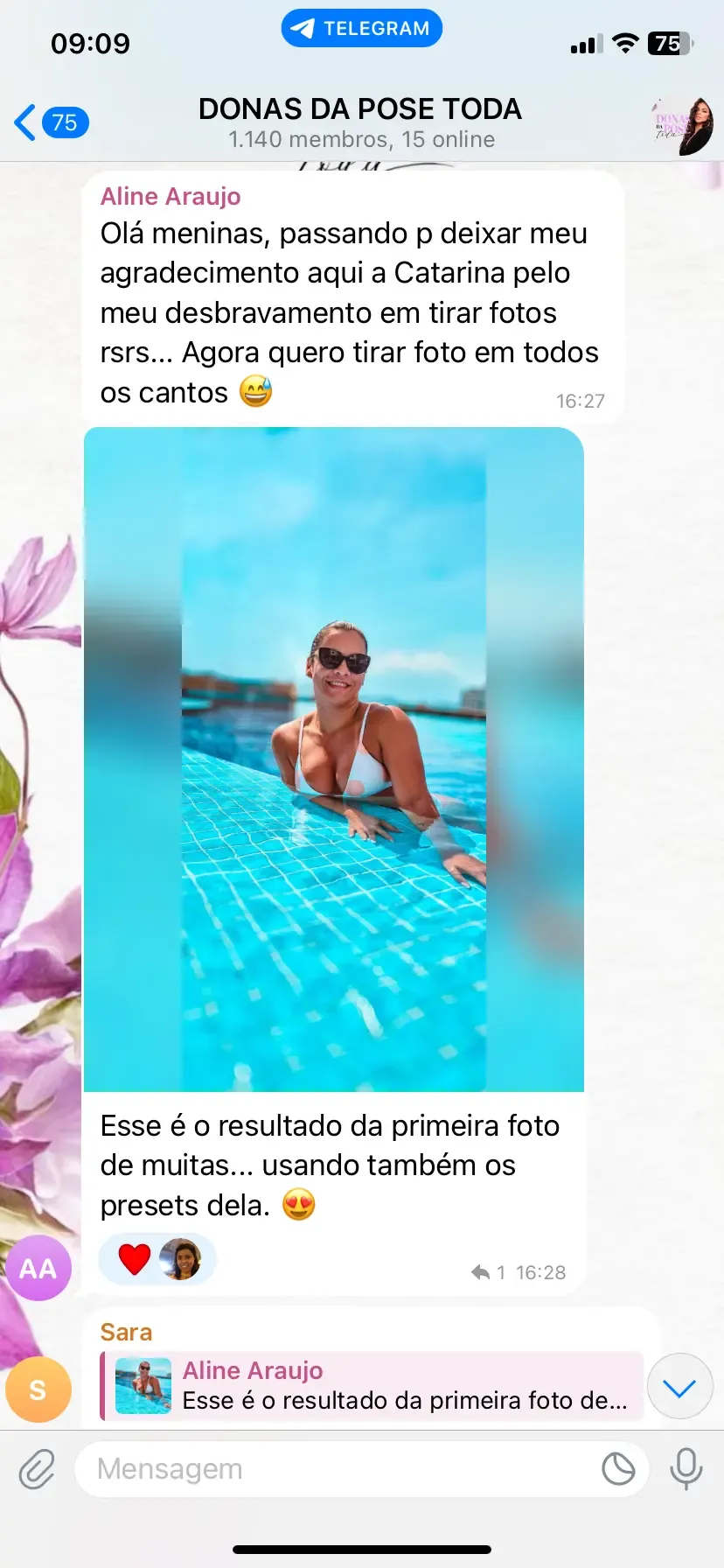 Print do grupo: aluna agradece à Catarina por começar a tirar fotos e mostra o resultado da primeira foto com os presets
