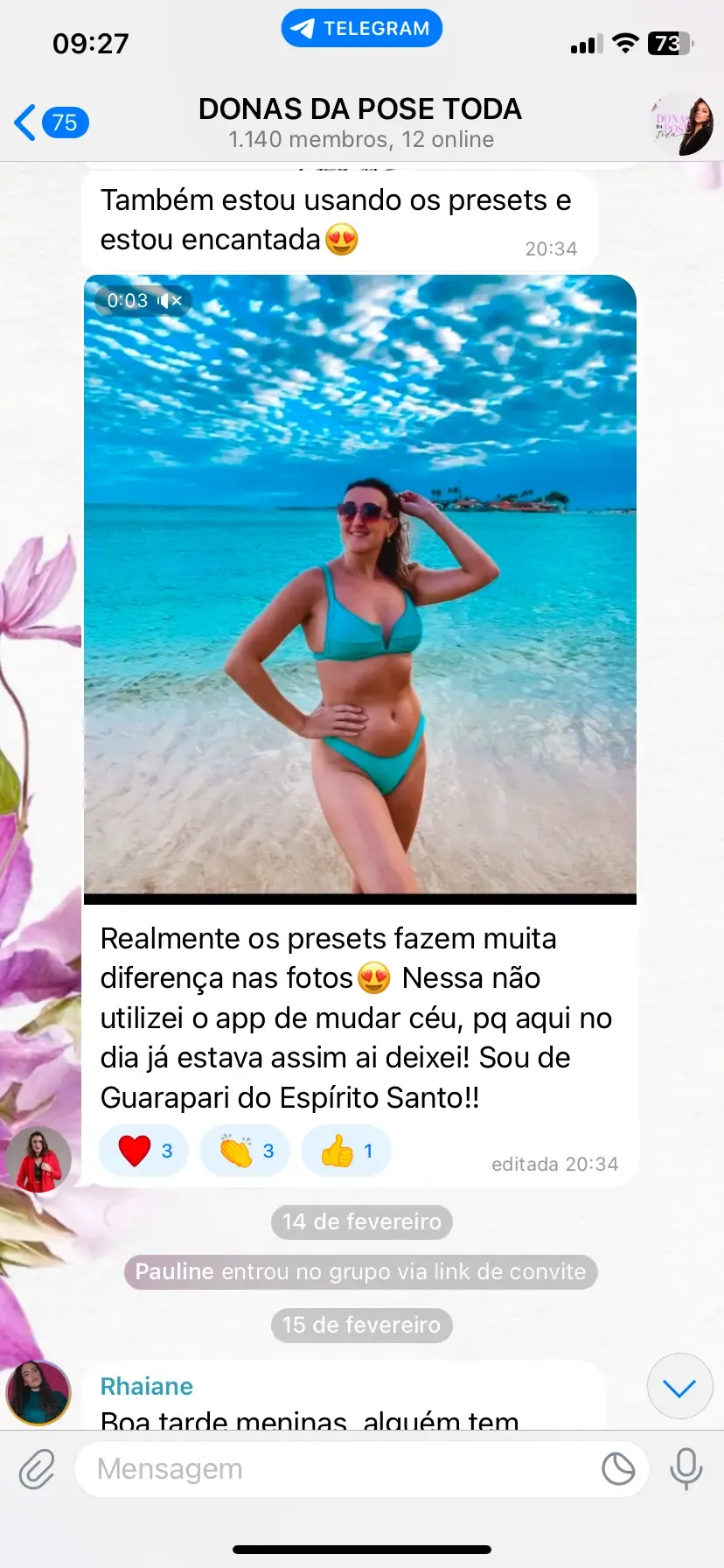 Print do grupo: aluna de Guarapari diz que os presets fazem muita diferença nas fotos, com uma foto no mar