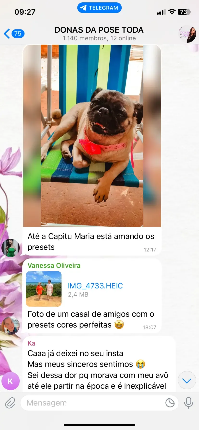 Print do grupo: aluna mostra a cachorrinha com os presets e foto de um casal de amigos com cores perfeitas