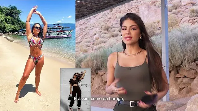 Catarina Leal apresentando o Livro de Poses, com uma foto de praia ao lado