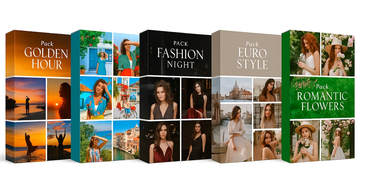 Caixas dos packs de presets: Golden Hour, Vibrant Colors, Fashion Night, Euro Style e Romantic Flowers